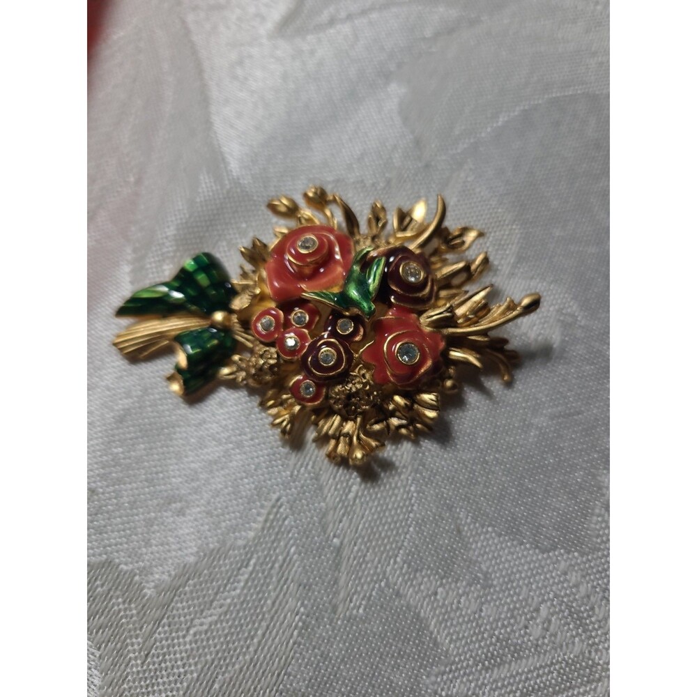 VINTAGE BOB MACKIE SIGNED STAMPED ROSE BOUQUET RHINESTONE BROOCH PIN - RARE J110